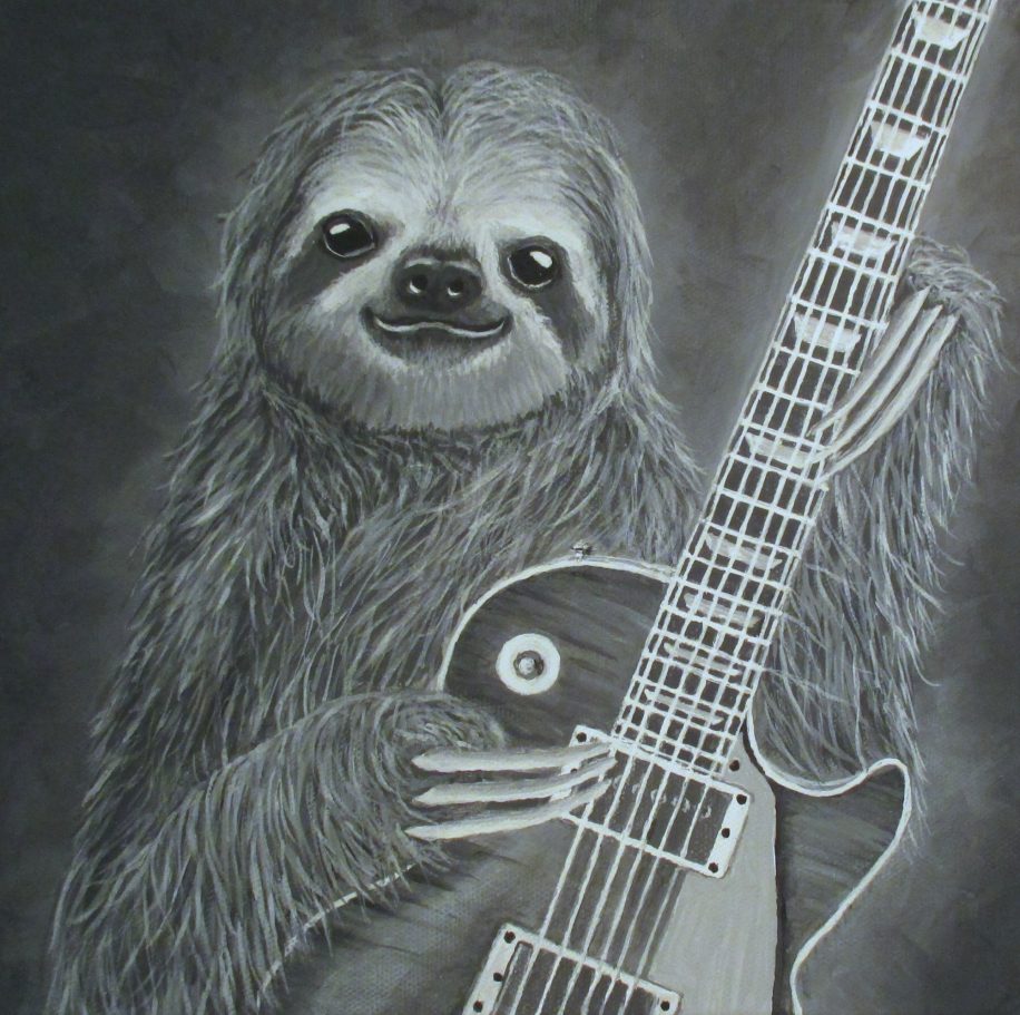 Faultier mit E-Gitarre in der Hand