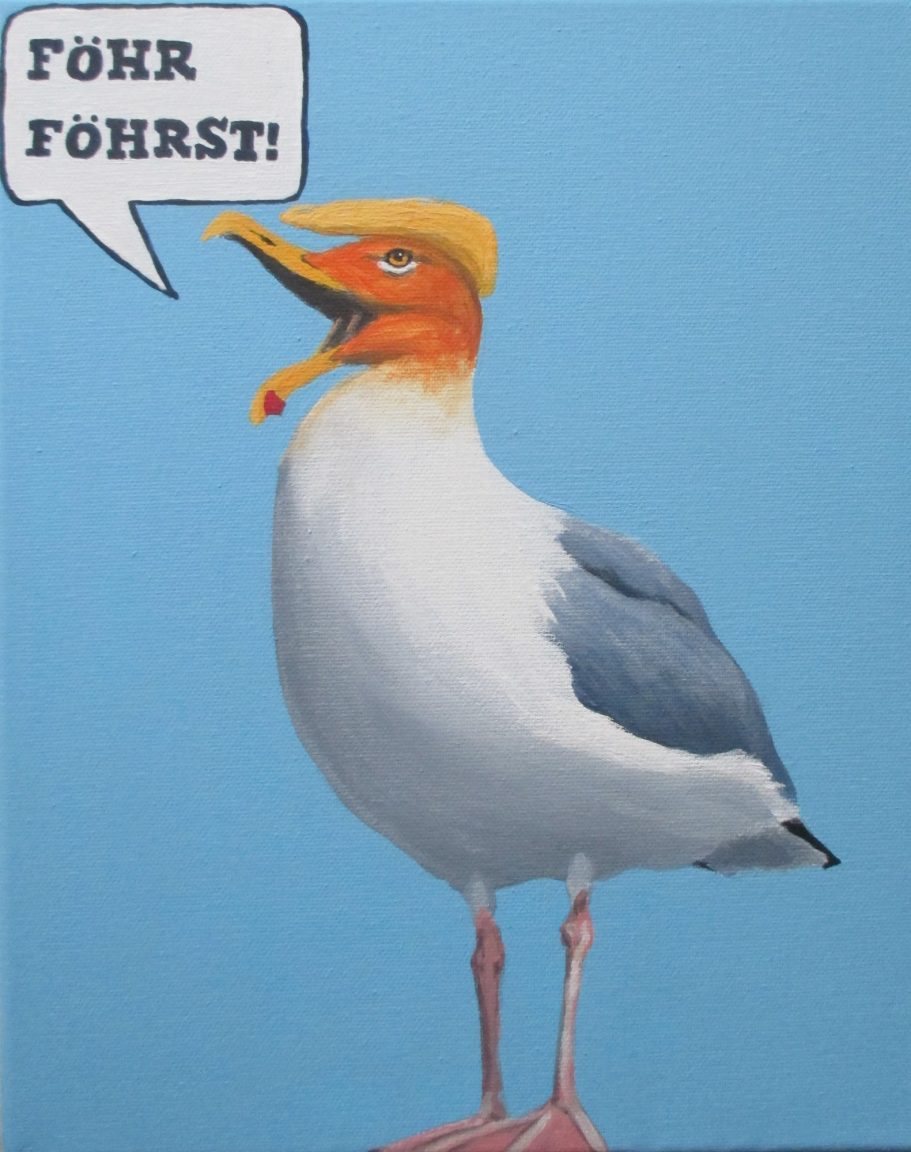 Möwe mit orangen Kopf und gelben Haaren die Föhr Föhrst kreischt